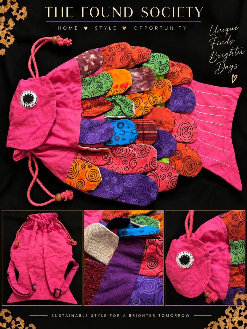 Colorful Patchwork Fish Backpack Pink Boho Whimsical Novelty Bag